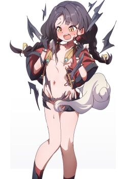 1girl absurdres black_gloves black_hair black_shorts black_socks blush braid breasts commentary convenient_censoring embarrassed feather_hair_ornament feathers feet_out_of_frame forehead full-face_blush gloves hair_ornament hair_ribbon highres jinglin_(stella_sora) knees_together_feet_apart long_hair low_twin_braids navel open_mouth red_socks ribbon short_sleeves shorts simple_background small_breasts socks solo standing stella_sora stomach sweat swept_bangs tail tail_censor tearing_up teeth thighs to_(tototo_tk) torn_clothes twin_braids two-tone_socks upper_teeth_only white_background wide_sleeves yellow_eyes yellow_ribbon