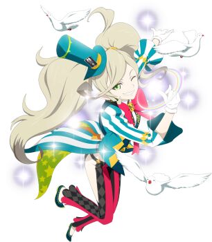 Rule 34 | 1girl, artist request, bird, blonde hair, blue shoes, dove, full body, game cg, gloves, green eyes, hat, highres, long hair, looking at viewer, magic, magic trick, magician, magilou (tales), multicolored pants, multicolored shirt, official alternate costume, official art, one eye closed, pants, pointy ears, shoes, smile, solo, tales of (series), tales of asteria, tales of berseria, third-party source, top hat, transparent background, very long hair, white gloves