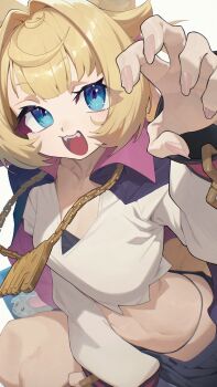 1girl animal_ears blonde_hair blue_eyes chain chain_necklace commission cuemew_(vtuber) fangs fingernails hata4564 highres indie_virtual_youtuber jewelry looking_at_viewer nail_polish navel necklace open_mouth shirt short_hair simple_background skeb_commission solo tail teeth upper_teeth_only virtual_youtuber white_background white_shirt
