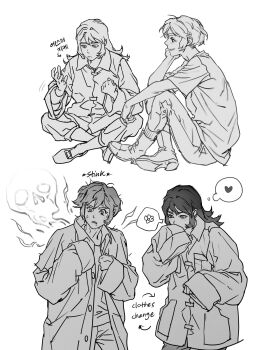 1boy 1girl abaddon_(haunted_hotel) borrowed_clothes coat commentary_request esther_freeling greyscale haunted_hotel highres indian_style korean_commentary monochrome rickorty_08 simple_background sitting smell smelling smelling_clothes white_background