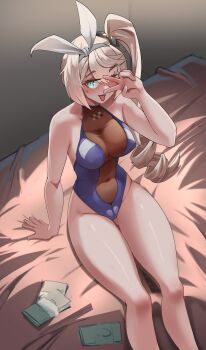 1girl absurdres banknote blonde_hair bow_hairband girls'_frontline girls'_frontline_2:_exilium green_streaks hairband highleg highleg_one-piece_swimsuit highres implied_prostitution looking_at_viewer money on_bed one-piece_swimsuit see-through_clothes see-through_one-piece_swimsuit sharkry_(girls'_frontline_2) sharkry_(swimsuit_idol)_(girls'_frontline_2) side_ponytail star-shaped_pupils star_(symbol) swimsuit symbol-shaped_pupils tascalate tongue