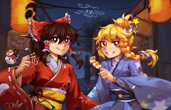 Rule 34 | 1other, 4girls, alternate costume, anazel, animal ears, bird ears, blue hair, blue kimono, bow, braid, brown eyes, cirno, closed eyes, commentary, english commentary, fireworks, food, frilled hair tubes, frills, green hat, grin, hair bow, hair tubes, hakurei reimu, hat, hat ornament, highres, holding, holding food, holding kinchaku, japanese clothes, kawashiro nitori, kimono, kinchaku, kirisame marisa, lantern, medium hair, multiple girls, musical note hat ornament, mystia lorelei, newsboy cap, night, paper lantern, pink hair, pouch, red kimono, sidelocks, single braid, smile, star (sky), takoyaki, torii, touhou, touhoufest, tree, yellow eyes, yin yang pin