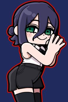 1girl anime_coloring arched_back bare_arms bare_shoulders bkub black_choker black_ribbon black_shorts black_thighhighs blue_background blue_eyes blush chainsaw_man choker closed_mouth collared_shirt dot_nose eyes_visible_through_hair from_side green_eyes hair_between_eyes hair_bun highres legs_together lower_eyelashes_only medium_hair neck_ribbon o-ring outline own_hands_clasped own_hands_together red_outline reze_(chainsaw_man) ribbon shirt shirt_tucked_in shorts side_slit simple_background sleeveless sleeveless_shirt smile solo thick_outlines thighhighs white_shirt wing_collar