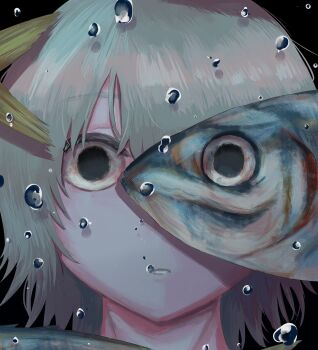 1other absurdres avogado6 black_background bubble commentary_request dilated_pupils fins fish head_only highres medium_hair original parted_lips solo tail white_hair