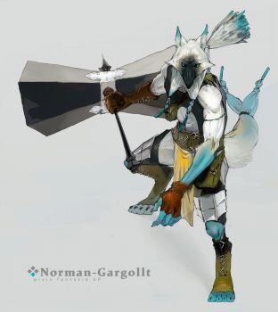 1boy animal_feet black_sclera blue_eyes blue_fur body_fur claws colored_sclera commentary_request digitigrade fingerless_gloves full_body furry furry_male gloves grey_background holding holding_weapon looking_at_viewer male_focus nagabe original pelvic_curtain ponytail simple_background solo tail weapon white_fur white_hair