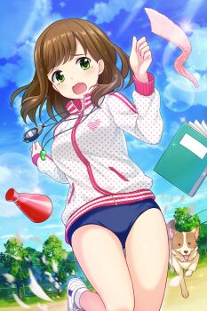 1girl absurdres alternative_girls brown_hair buruma dog exercising green_eyes highres hirose_koharu legs megaphone notebook official_art open_mouth running tears timer tree zipper_pull_tab