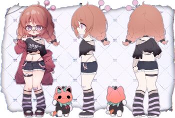 1girl absurdres bandaid bandaid_on_face bandaid_on_knee bandaid_on_leg bandaid_on_nose black_nails black_shoes braid brown_hair chibi clothing_cutout commentary english_commentary fishnet_top fishnets freckles highleg highleg_panties highres hood hoodie immy_bisou kinako_mitu loose_socks low_twin_braids navel_cutout panties pubic_tattoo purple_eyes red_hoodie reference_sheet second-party_source shirt shoes short_shorts shorts socks striped_clothes striped_socks tattoo thick_eyebrows thigh_strap torn_clothes torn_shirt twin_braids underwear vallure