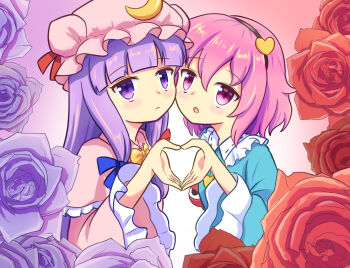 Rule 34 | 2girls, black hairband, blue bow, blue shirt, blush, bow, bowtie, buttons, capelet, cheek-to-cheek, closed mouth, commentary request, crescent, crescent hat ornament, dress, eyeball, flower, frilled shirt collar, frilled sleeves, frills, gensou shoujo taisen, hair bow, hair ornament, hairband, hat, hat ornament, heads together, heart, heart button, heart hair ornament, heart hands, heart hands duo, komeiji satori, long hair, mob cap, multiple girls, open mouth, patchouli knowledge, pink capelet, pink dress, pink eyes, pink hair, pink hat, purple eyes, purple flower, purple hair, purple rose, red bow, red flower, red rose, ribbon-trimmed collar, ribbon trim, rose, shirt, smile, third eye, touhou, very long hair, yellow bow, yellow bowtie, yoruniwa