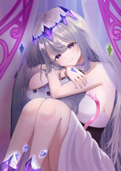 absurdres armlet arms_on_knees bluetopaz1049 center-flap_bangs chest_jewel circlet colored_inner_hair commentary detached_collar dress gem gradient_hair grey_hair hair_flaps hand_jewel highres holding holding_pillow hololive hololive_english indoors jewelry knees_up koseki_bijou koseki_bijou_(1st_costume) light_smile long_hair looking_at_viewer multicolored_hair pebble_(koseki_bijou) pillow pink_hair pleated_dress purple_eyes purple_gem purple_hair sidelocks sitting smile strapless strapless_dress two-tone_hair very_long_hair virtual_youtuber white_dress