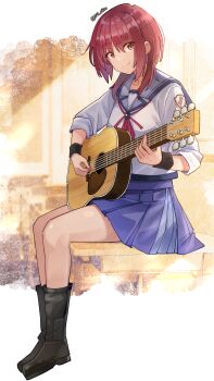 021_shiro 1girl absurdres angel_beats! artist_name black_boots blue_skirt boots closed_mouth commentary full_body guitar highres instrument iwasawa_masami looking_at_viewer music neck_ribbon playing_guitar playing_instrument pleated_skirt red_eyes red_hair red_ribbon ribbon school_uniform shinda_sekai_sensen_uniform shirt short_hair sitting skirt smile solo white_shirt wristband