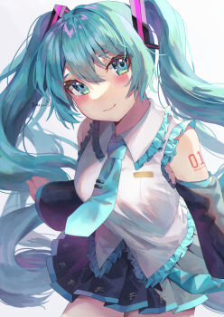 Rule 34 | 1girl, absurdres, aqua eyes, aqua hair, aqua necktie, black skirt, black sleeves, blue eyes, blue hair, blush, breasts, closed mouth, commentary request, detached sleeves, grey shirt, hair between eyes, hair ornament, hatsune miku, highres, long hair, looking at viewer, medium breasts, necktie, number tattoo, pleated skirt, shirt, simple background, skirt, sleeveless, sleeveless shirt, smile, solo, tattoo, twintails, very long hair, vocaloid, yoru usagi