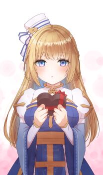 Rule 34 | 1girl, arch bishop (ragnarok online), blonde hair, blue bow, blue dress, blue eyes, blush, bow, box, braid, breasts, commentary request, cowboy shot, cross, dress, hair intakes, hat, hat bow, hat ornament, heart-shaped box, highres, juliet sleeves, long hair, long sleeves, looking at viewer, medium breasts, open mouth, pelvic curtain, pillbox hat, puffy sleeves, ragnarok online, sakuraji tomoka, sash, signature, solo, star (symbol), star hat ornament, striped bow, two-tone dress, valentine, white dress, white hat, wide sleeves, yellow sash