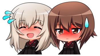 Rule 34 | 2girls, black jacket, blush, breasts, brown eyes, brown hair, chibi, chibi only, chinpui (chinpui02), closed eyes, closed mouth, commentary request, cross, embarrassed, frown, full-face blush, girls und panzer, grey hair, hat, iron cross, itsumi erika, jacket, kuromorimine military uniform, large breasts, long hair, military, military hat, military jacket, military uniform, multiple girls, nishizumi maho, open mouth, red shirt, shirt, short hair, transparent background, upper body