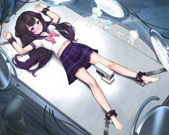 1girl absurdres arms_up artist_request barefoot bdsm black_hair blush bondage bound bound_ankles bound_arms bow bowtie chinese_commentary commentary_request commission crop_top cropped_shirt cuffs from_above full_body gradient_hair highres indoors long_hair looking_at_viewer lying midriff mo_nv_zhi_wen_nai_bai_he_zhi_wei multicolored_hair navel nose_blush on_table parted_lips pink_bow pink_bowtie plaid_clothes plaid_skirt purple_eyes purple_sailor_collar purple_skirt sailor_collar school_uniform second-party_source serafuku shackles shirt short_sleeves skirt solo spread_legs table variant_set white_shirt