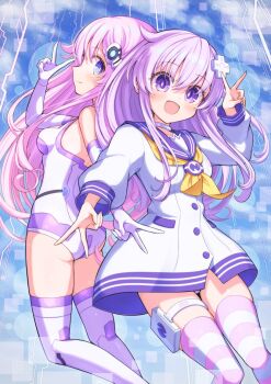 Rule 34 | 2girls, blue eyes, blush, breasts, commentary request, d-pad, d-pad hair ornament, dress, dual persona, elbow gloves, gloves, hair ornament, hood, hooded track jacket, jacket, leotard, long hair, looking at viewer, medium breasts, multiple girls, neckerchief, nepgear, neptune (series), open mouth, pink hair, purple eyes, purple hair, purple sister, sailor dress, shionic zm, smile, striped clothes, striped thighhighs, symbol-shaped pupils, thighhighs, time paradox, track jacket, very long hair, white leotard, yellow neckerchief