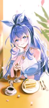 absurdres azur_lane bare_shoulders blue_eyes blue_hair bracelet cafe cake cake_slice coffee commentary_request food hair_intakes highres jewelry new_jersey_(azur_lane) yayako_(804907150)
