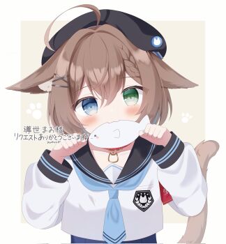 1girl :3 ahoge animal_collar animal_ear_fluff animal_ears armband artist_request belt_collar beret black_hat black_sailor_collar blue_eyes blue_hair blue_neckerchief blue_one-piece_swimsuit blush border braid braided_bangs breast_pocket brown_background brown_hair brown_tail cat_ears cat_girl cat_pendant cat_tail collar colored_inner_hair commentary commission cropped_shirt ears_down fish_(food) food_in_mouth green_eyes hair_ornament hairclip hat head_tilt heterochromia highres indie_virtual_youtuber japanese_clothes long_sleeves looking_at_viewer michiyo_mao multicolored_hair neckerchief one-piece_swimsuit outside_border paw_pose paw_print pendant_collar pocket red_armband red_collar sailor_collar school_uniform second-party_source serafuku short_hair swimsuit swimsuit_under_clothes symbol-only_commentary tail virtual_youtuber white_border white_serafuku x_hair_ornament