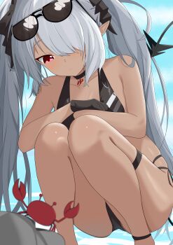 1girl absurdres bikini black_bikini black_choker black_gloves black_ribbon blue_archive blush chanshiyu choker commentary_request crab dark-skinned_female dark_skin day demon_girl demon_tail eyewear_on_head foot_out_of_frame from_below gloves grey_hair hair_over_one_eye hair_ribbon highres iori_(blue_archive) iori_(swimsuit)_(blue_archive) knees_together_feet_apart long_bangs long_hair looking_at_animal looking_down official_alternate_costume one_eye_covered outdoors parted_lips pointy_ears red_eyes ribbon sidelocks skindentation solo squatting sunglasses swimsuit tail tail_raised thigh_strap thighs twintails very_long_hair