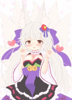 1girl animal_ears bell black_dress blue_ribbon blush breasts brown_eyes choker cleavage_cutout clothing_cutout dress emil_chronicle_online fox_ears fox_girl fox_tail frilled_choker frilled_dress frills hair_ornament hair_ribbon heart jacket kitune47 large_breasts long_hair multiple_tails open_mouth purple_ribbon purple_sash ribbon sash solo spoken_heart tail tamamo_lore white_hair white_jacket