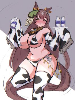 1girl akatoki animal_ears animal_print ascot bikini blush bottle breasts brown_eyes brown_hair cleavage cow_print cow_print_bikini cow_print_sleeves cow_print_thighhighs curvy detached_collar detached_sleeves ear_ornament ear_tag green_ribbon hair_ribbon holding holding_tray horns horse_ears horse_girl horse_tail large_breasts long_hair milk milk_bottle navel print_bikini print_thighhighs ribbon satono_diamond_(umamusume) shadow side-tie_bikini_bottom sleeves_past_wrists smile solo standing standing_on_one_leg sweat swimsuit tail thick_thighs thighhighs thighs tray umamusume white_background wide_hips