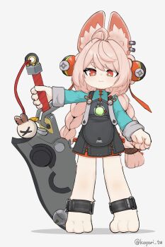 1girl animal_ear_fluff animal_ears animal_feet braid commentary dated_commentary full_body highres holding kamihine long_hair pink_hair red_eyes simple_background solo twin_braids weapon zenless_zone_zero zhao_(zenless_zone_zero)