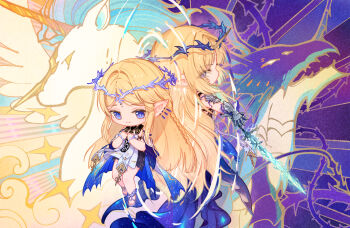 2girls absurdres black_collar black_dress blonde_hair blue_eyes cartethyia_(wuthering_waves) chibi chibi_only chinese_commentary closed_mouth collar commentary_request crown_of_thorns diudou dress dual_persona earrings fleurdelys_(wuthering_waves) highres holding holding_sword holding_weapon horns jewelry long_hair multiple_girls outstretched_arm pointy_ears sidelocks single_horn sword tabard tacet_mark_(wuthering_waves) very_long_hair watermark weapon weibo_watermark white_tabard wuthering_waves yellow_horns
