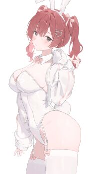 1girl absurdres akane_lize alternate_costume animal_ear_hairband animal_ears black_eyes bow bowtie breasts commentary cowboy_shot cropped_jacket crossed_bangs detached_collar fake_animal_ears fake_tail from_side furrowed_brow garter_straps hair_between_eyes hair_intakes hair_ornament hair_ribbon hairband hairclip heart heart_hair_ornament highleg highleg_leotard highres holding_own_hair jacket large_breasts leotard long_sleeves looking_at_viewer meosic2 mole mole_on_breast mole_under_eye open_clothes open_jacket parted_lips pink_bow pink_bowtie pink_ribbon playboy_bunny puffy_long_sleeves puffy_sleeves rabbit_ear_hairband rabbit_ears rabbit_tail red_hair red_pupils ribbon simple_background slit_pupils solo standing stellive strapless strapless_leotard tail thighhighs twintails virtual_youtuber white_background white_jacket white_leotard white_thighhighs zipper