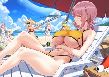 &gt;_&lt; 5girls artoria_pendragon_(fate) artoria_pendragon_(swimsuit_archer)_(fate) bare_arms bare_shoulders beach bikini blindfold blonde_hair braid breasts commentary covered_eyes day english_commentary fate/grand_order fate_(series) feet_out_of_frame florence_nightingale_(chaldea_lifesavers)_(fate) florence_nightingale_(fate) food front-tie_bikini_top front-tie_top fruit green_eyes highres holding kook large_breasts long_hair long_sleeves mash_kyrielight mash_kyrielight_(swimsuit_of_perpetual_summer) medium_hair mordred_(fate) mordred_(swimsuit_rider)_(fate) multiple_girls navel official_alternate_costume open_mouth outdoors parasol pink_hair ponytail red_bikini red_eyes side-tie_bikini_bottom sitting solo_focus standing swimsuit tamamo_(fate) tamamo_no_mae_(fate) tamamo_no_mae_(swimsuit_lancer)_(fate) thighs umbrella underboob water_gun watermelon white_bikini yellow_bikini