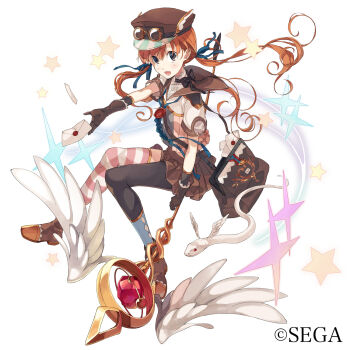 1girl asymmetrical_legwear bag black_legwear boots broom broom_riding brown_eyes falsehood female_focus full_body gloves goggles hat highres letter long_hair looking_at_viewer low_twintails messenger_bag open_mouth orange_hair peaked_cap sailor_collar sega serpent short_sleeves shoulder_bag skirt solo sparkle staff star_(symbol) striped_clothes striped_legwear striped_thighhighs thighhighs twintails uneven_legwear watermark white_background winged_hat wings world_end_eclipse