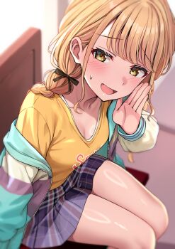 1girl :d aqua_jacket black_ribbon blonde_hair blue_skirt braid breasts cleavage fujita_kotone gakuen_idolmaster hair_ribbon highres idolmaster jacket long_hair looking_at_viewer open_clothes open_jacket open_mouth plaid_clothes plaid_skirt ribbon shiitake_taishi shirt sitting skirt smile solo striped_clothes striped_jacket t-shirt thighs twin_braids yellow_eyes yellow_shirt