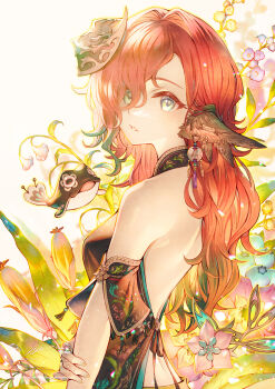 1girl animal animal_ears artist_name bare_shoulders berry blue_eyes breasts earclip earrings flower gradient_hair halterneck highres jewelry looking_at_viewer multicolored_hair nail_polish original red_hair sho_(sumika) small_breasts solo watermark