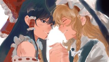 2girls ascot black_eyes black_hair black_hat black_vest blonde_hair blush bow braid closed_eyes detached_sleeves frilled_bow frilled_hair_tubes frilled_hat frills hair_bow hair_tubes hakurei_reimu hat hat_ribbon highres holding_hands kirisame_marisa kouyicha multiple_girls red_bow red_shirt ribbon ribbon-trimmed_sleeves ribbon_trim shirt side_braid single_braid smile touhou turtleneck vest white_ribbon white_shirt witch_hat yellow_ascot yuri