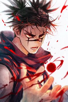 Rule 34 | 1boy, 28cg, absurdres, black hair, black scarf, black vest, blood, choso (jujutsu kaisen), facial tattoo, fighting stance, highres, jujutsu kaisen, lower teeth only, male focus, open mouth, portrait, reaching, reaching towards viewer, red eyes, robe, scarf, short hair, short twintails, signature, solo, tattoo, teeth, twintails, v-shaped eyebrows, vest, white background, white robe, wide sleeves