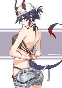 1girl adjusting_clothes adjusting_swimsuit arknights artist_name baseball_cap bikini black_bikini blue_hair blush breasts ch&#039;en_(arknights) ch&#039;en_(summer)_(arknights) clouble dated dragon_girl dragon_horns dragon_tail hashtag-only_commentary hat horns large_breasts looking_at_viewer looking_back official_alternate_costume red_eyes short_shorts shorts sidelocks solo sweat swimsuit tail white_hat