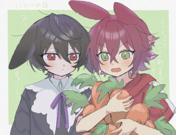 2boys :o aged_down ahoge animal_ears black_hair black_shirt bow carrot child collar collared_shirt commentary_request ensemble_stars! fangs frown green_eyes hair_between_eyes highres holding holding_carrot hood hoodie isara_mao janus_(ensemble_stars!) kemonomimi_mode lace_collar lace_neckline looking_at_another male_focus multiple_boys purple_bow rabbit_ears red_eyes red_hair red_hoodie sakuma_ritsu shirt short_hair tearing_up translation_request tumu_ri_o white_collar