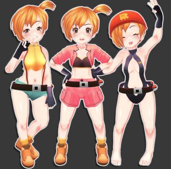 3girls :d :p aqua_shorts armpits asymmetrical_hair banchouforte bare_shoulders barefoot beanie belt belt_buckle bikini black_belt black_bikini black_gloves black_one-piece_swimsuit blue_shorts blush breasts brown_belt brown_eyes buckle casual_one-piece_swimsuit cleavage cosplay covered_collarbone crop_top cropped_jacket cropped_shirt eyelashes facing_viewer feet fingerless_gloves gloves green_shorts grin gym_leader hand_up hands_on_own_hips hat highres holding holding_poke_ball jacket knees looking_at_viewer midriff misty_(pokemon) multiple_girls navel nintendo one-piece_swimsuit one_side_up open_clothes open_jacket open_mouth orange_hair pink_jacket pink_shorts poke_ball poke_ball_(basic) pokemon pokemon:_the_electric_tale_of_pikachu ponytail revealing_clothes shiny_skin shirt shoes short_hair short_shorts short_sleeves shorts side_ponytail sleeveless sleeveless_shirt small_breasts smile socks standing suspender_shorts suspenders swimsuit teeth toes tongue tongue_out turtleneck upper_teeth_only v w yellow_shirt