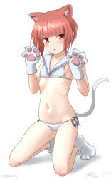 Rule 34 | animal ears, animal hands, bikini, blunt bangs, brown hair, cat ears, cat tail, dated, flat chest, full body, gloves, kantai collection, one-hour drawing challenge, paw gloves, paw pose, paw shoes, ray.s, red eyes, ribs, sailor bikini, sailor collar, short hair, side-tie bikini bottom, simple background, swimsuit, tail, twitter username, white background, white bikini, white sailor collar, z3 max schultz (kancolle), z3 max schultz (swimsuit mode) (kancolle)