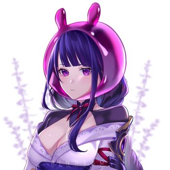 Rule 34 | 1girl, artist name, blue pupils, blunt bangs, blurry, blurry background, braid, breasts, bridal gauntlets, cleavage, closed mouth, clothing cutout, commentary, english commentary, genshin impact, highres, japanese clothes, kimono, large breasts, long braid, looking at viewer, looking to the side, mole, mole under eye, multicolored hair, neck ribbon, off shoulder, purple eyes, purple hair, purple kimono, purple sash, raiden shogun, red ribbon, ribbon, ringeko-chan, sash, seelie (genshin impact), shoulder cutout, single braid, solo, standing, streaked hair, upper body, white background