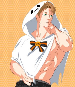 1boy abs absurdres alternate_costume boucheron_(fire_emblem) brown_hair fire_emblem fire_emblem_engage ghost_costume green_eyes halloween_costume highres looking_to_the_side nintendo obliques solo summoner1709041 upper_body white_hood