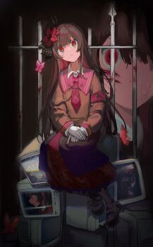 2girls armband black_background black_hair black_shirt black_shoes black_skirt blood chinese_commentary closed_mouth collared_shirt commentary_request crown dual_persona empty_eyes expressionless flower full_body hair_flower hair_ornament highres iron_bars long_hair long_sleeves looking_at_viewer mahou_shoujo_no_majo_saiban monitor multiple_girls necktie nikaido_hiro own_hands_together red_armband red_eyes red_flower red_necktie shirt shoes sitting skirt spoilers witch_(manosaba) yuu_(yuul0716)