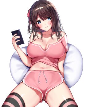 Rule 34 | 1girl, black thighhighs, blue eyes, blush, breasts, brown hair, cellphone, check copyright, cleavage, closed mouth, collarbone, copyright request, dolphin shorts, drawstring, gluteal fold, hair ribbon, highres, holding, holding phone, long hair, mataro (matarou), messy hair, navel, off shoulder, one side up, original, phone, pillow, pink nails, pink ribbon, pink shirt, pink shorts, pink thighhighs, ribbon, shirt, short shorts, short sleeves, shorts, smartphone, smile, solo, striped clothes, striped thighhighs, thighhighs, transparent background