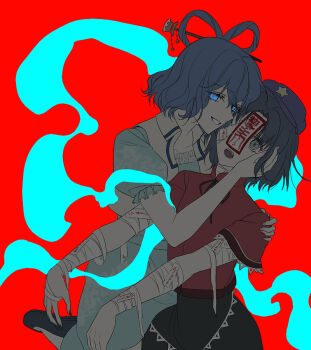 Rule 34 | 2girls, bandaged arm, bandages, black hair, black skirt, blue dress, blue eyes, blue hair, commentary, dress, expressionless, frills, grey eyes, hair between eyes, hand on another's face, hand on another's shoulder, hat, hat ornament, jiangshi, kaku seiga, ktsis, looking at viewer, medium hair, miyako yoshika, multiple girls, ofuda, ofuda on arm, ofuda on head, open mouth, outstretched arms, parted bangs, parted lips, red background, red shirt, shirt, short sleeves, skirt, smile, star (symbol), star hat ornament, teeth, touhou, upper teeth only, zombie pose