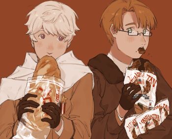 Rule 34 | 2boys, ahoge, america (hetalia), american flag, american flag print, axis powers hetalia, bag, black-framed eyewear, blush, bread, brown background, brown coat, brown gloves, brown hair, brown jacket, coat, collared shirt, commentary request, eating, flag print, food, food on face, fur-trimmed jacket, fur trim, glasses, gloves, green eyes, green necktie, hands up, holding, holding bag, holding food, jacket, lapels, long sleeves, looking at another, male focus, medal, military, military jacket, military uniform, morikusu 01, multiple boys, necktie, open clothes, open jacket, open mouth, pastry, plastic bag, puffy long sleeves, puffy sleeves, purple eyes, russia (hetalia), scarf, semi-rimless eyewear, shirt, short hair, simple background, star ornament, teeth, upper body, white hair, white scarf, white shirt