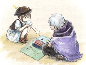 1boy 1girl book brown_hair brown_hat cloak commentary_request hat hat_feather jewelry merchant necklace octopath_traveler octopath_traveler_i purple_cloak qqqqqli sitting therion_(octopath_traveler) tressa_(octopath_traveler) tressa_colzione white_hair