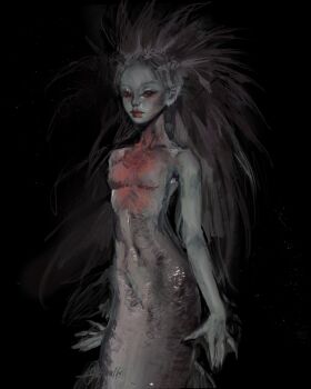 1girl absurdres black_background colored_skin commentary english_commentary floating_hair grey_skin highres looking_at_viewer mermaid messy_hair monster_girl original red_eyes red_lips scales simple_background solo spiked_hair spot_color twulfs webbed_hands