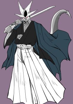 Rule 34 | 1boy, absurdres, alien, alternate costume, bandaged wrist, bandages, collarbone, commentary, cooler (dragon ball), cooler (fifth form) (dragon ball), dragon ball, dragonball z, fingernails, forehead jewel, hadanugi dousa, hakama, highres, holding, holding sword, holding weapon, horns, japanese clothes, katana, kimono, looking at viewer, mokorakugaki, muscular, muscular male, no humans, no pupils, open kimono, over shoulder, purple background, red eyes, sharp fingernails, simple background, solo, spot color, sword, sword over shoulder, tail, weapon, weapon over shoulder