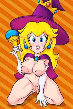 1girl absurdres artist_name blonde_hair blue_eyes blush breasts cape crown earrings elbow_gloves gloves hat highres holding holding_wand jewelry kneeling large_breasts long_hair looking_at_viewer mario_(series) mexican-joe navel nintendo nipples orange_background princess_peach purple_cape pussy smile striped_background thick_lips two-tone_background uncensored wand white_gloves witch_hat