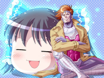 10s 1boy 1girl alternate_color black_hair brown_hair coat crossed_arms crossover gambit hakurei_reimu m.u.g.e.n male_focus marvel nana-2009 player_2 polka_dot polka_dot_background smile touhou trench_coat x-men yukkuri_shiteitte_ne