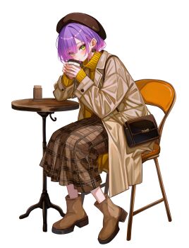 1girl absurdres bag beret bob_cut boots border brown_boots brown_coat brown_hat chair coat comiket_107 commentary_request cup disposable_cup earrings full_body gradient_hair green_eyes hat highres holding holding_cup hololive jewelry long_skirt looking_at_viewer multicolored_hair on_chair outdoors outside_border pink_hair plaid_clothes plaid_skirt pointy_ears purple_hair revision ribbed_sweater sa-ya2 short_hair shoulder_bag simple_background sitting skirt solo sweater tokoyami_towa transparent_background turtleneck turtleneck_sweater virtual_youtuber white_border yellow_sweater