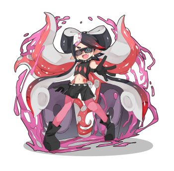 1girl bad_id bad_twitter_id black_boots black_collar black_gloves black_hair black_shirt black_shorts boots callie_(octo_idol_outfit)_(splatoon) callie_(splatoon) collar commentary detached_collar earrings fang female_focus food food_art food_on_head gloves gradient_hair highres hypnosis inkling jewelry long_hair looking_at_viewer midriff mind_control mole mole_under_eye multicolored_hair nintendo object_on_head open_mouth paint_splatter pantyhose pantyhose_under_shorts pointy_ears purple_pantyhose red_hair shirt shorts sleeveless sleeveless_shirt smile solo speaker spiked_collar spikes splatoon_(series) splatoon_2 standing stomach_tattoo sukeo_(nunswa08) sunglasses sushi tako-san_wiener tattoo tech_control tentacle_hair tentacles tinted_eyewear very_long_hair visor white_background